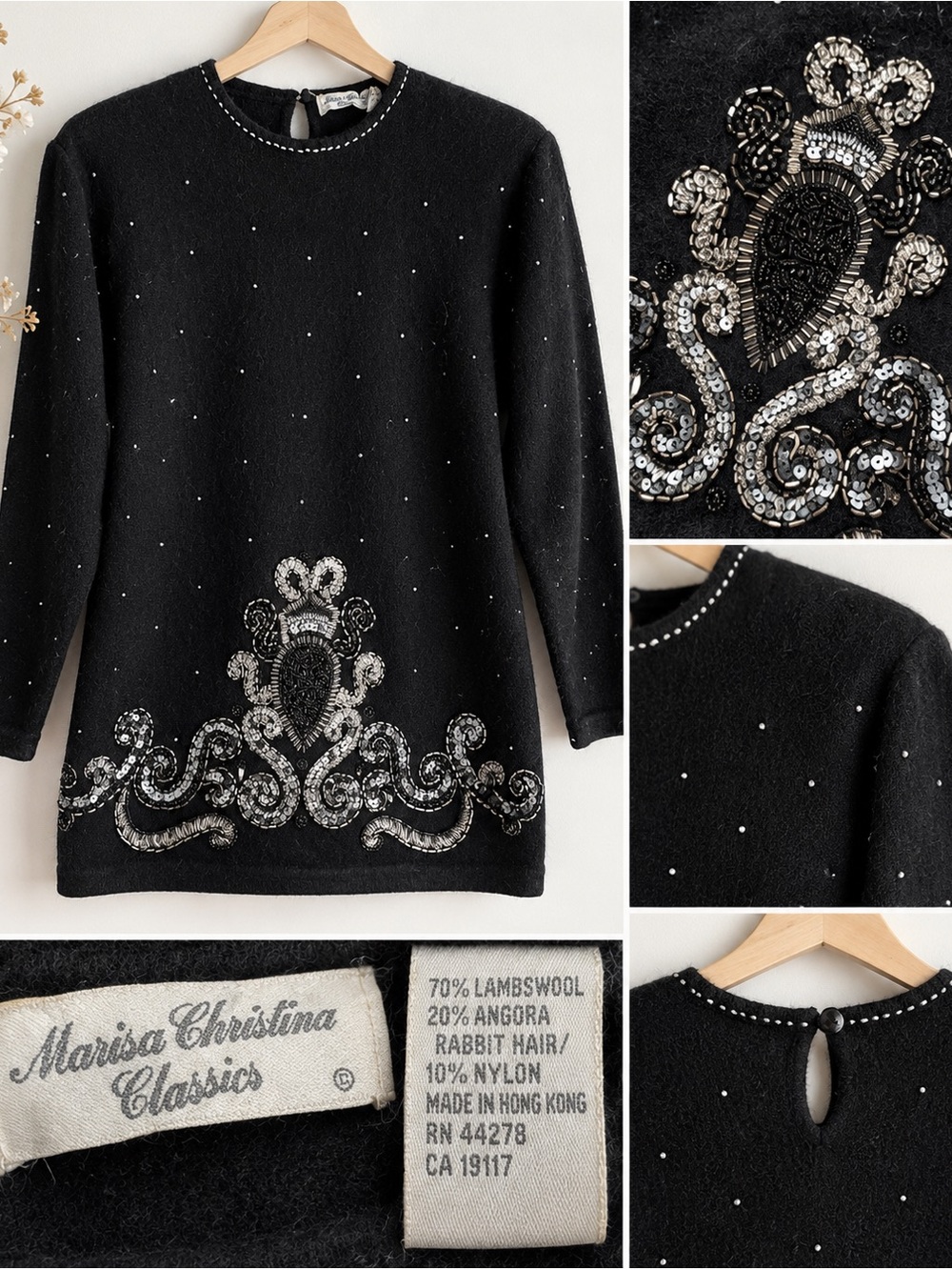 Vintage 90s Marisa Christina Black Beaded Sequin Angora Wool Tunic Sweater M